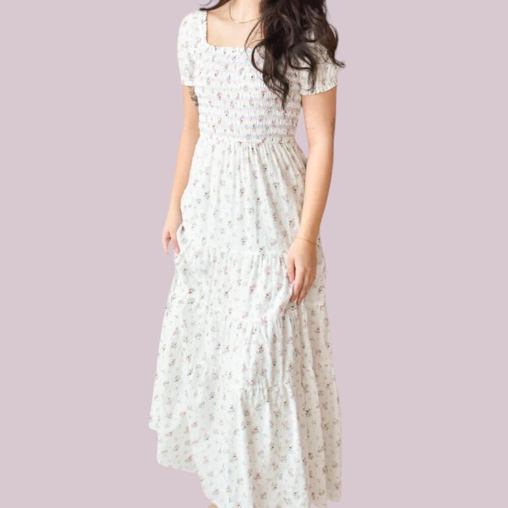 Cotton Smocked Puff Sleeve Long White Floral Maxi Dress, Size Large
